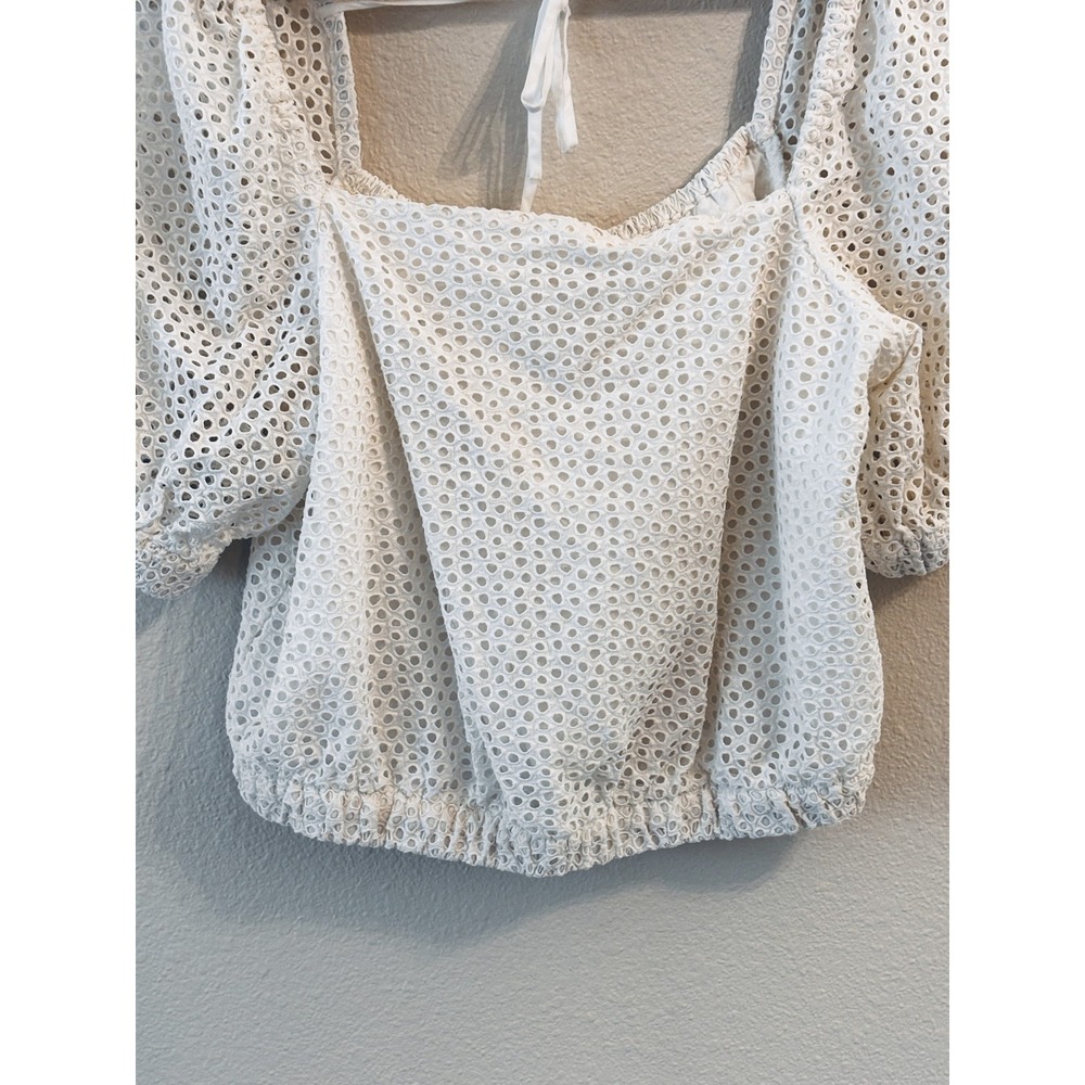 Everlane Womens Top Size L White‎ Eyelet Puff Sleeve Cotton Crop Peasant Blouse - Picture 4 of 9